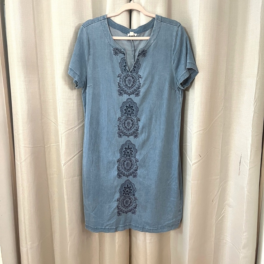 Westport Dress Women 14 Blue Embroidered Chambray Denim Shift Short Sleeve Boho
